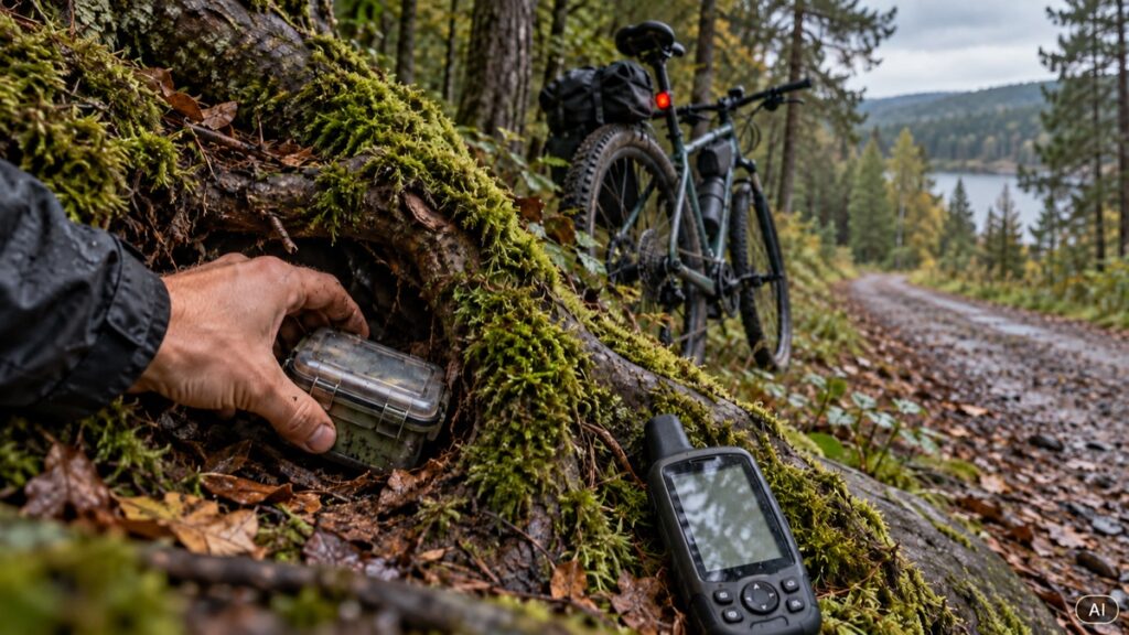 Rower i mały pojemnik geocache ukryty przy leśnym szlaku.