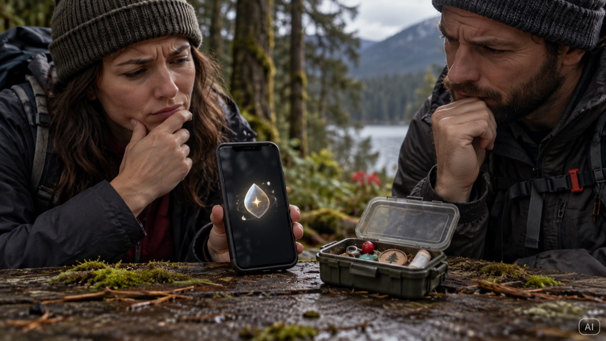 Telefon pokazuje cyfrową pamiątkę obok odnalezionego pojemnika geocache.