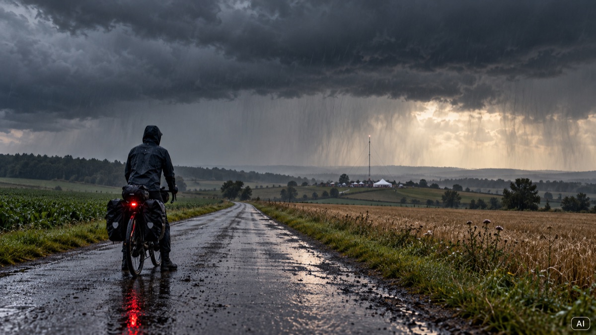 Rowerzysta na wiejskiej drodze w deszczu zmienionym nagle w trakcie wycieczki.