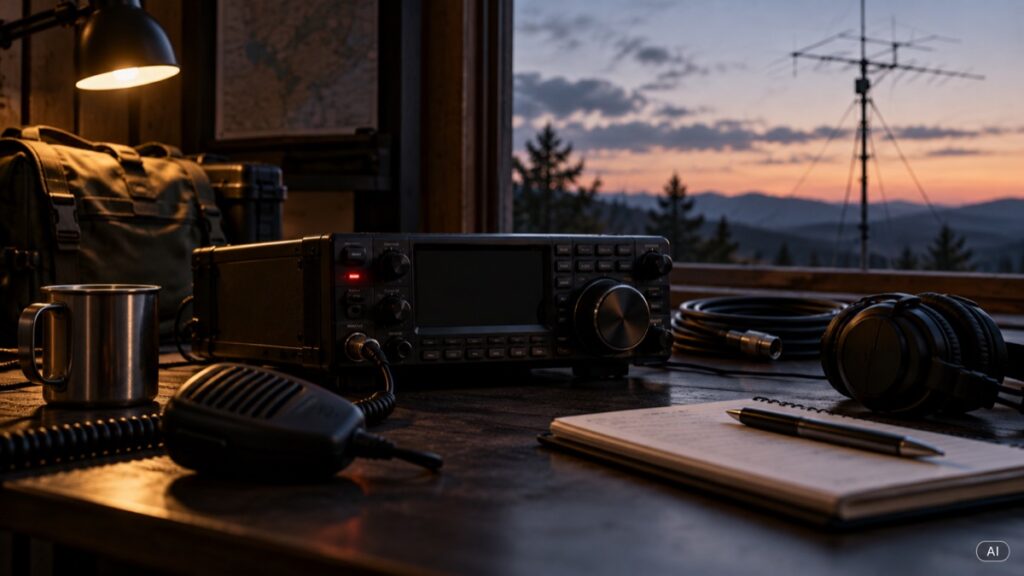 Krótkofalarski transceiver na biurku z mikrofonem, słuchawkami i anteną w tle.