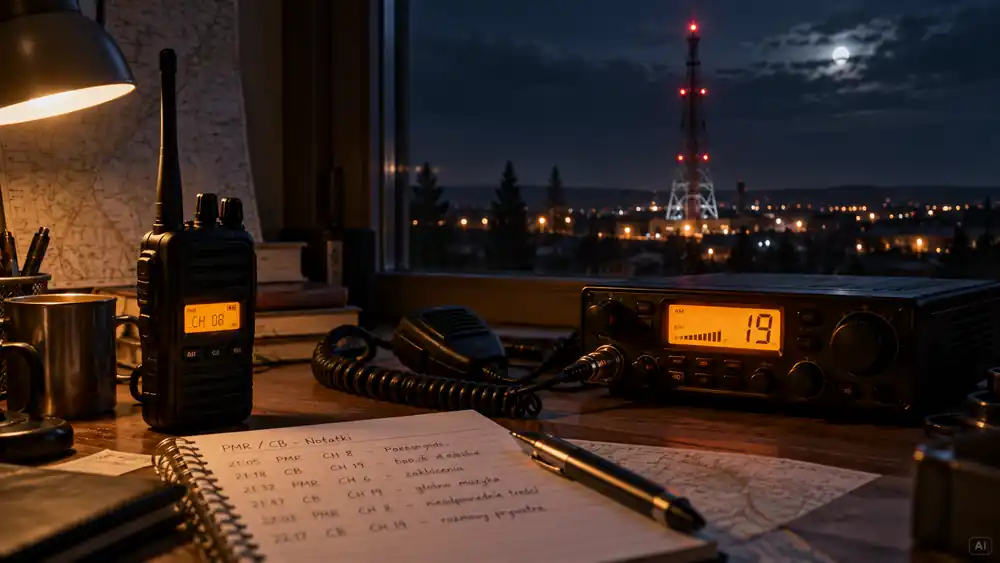 Radiotelefon PMR i radio CB na nocnym stanowisku radiowym z masztem nadawczym za oknem.